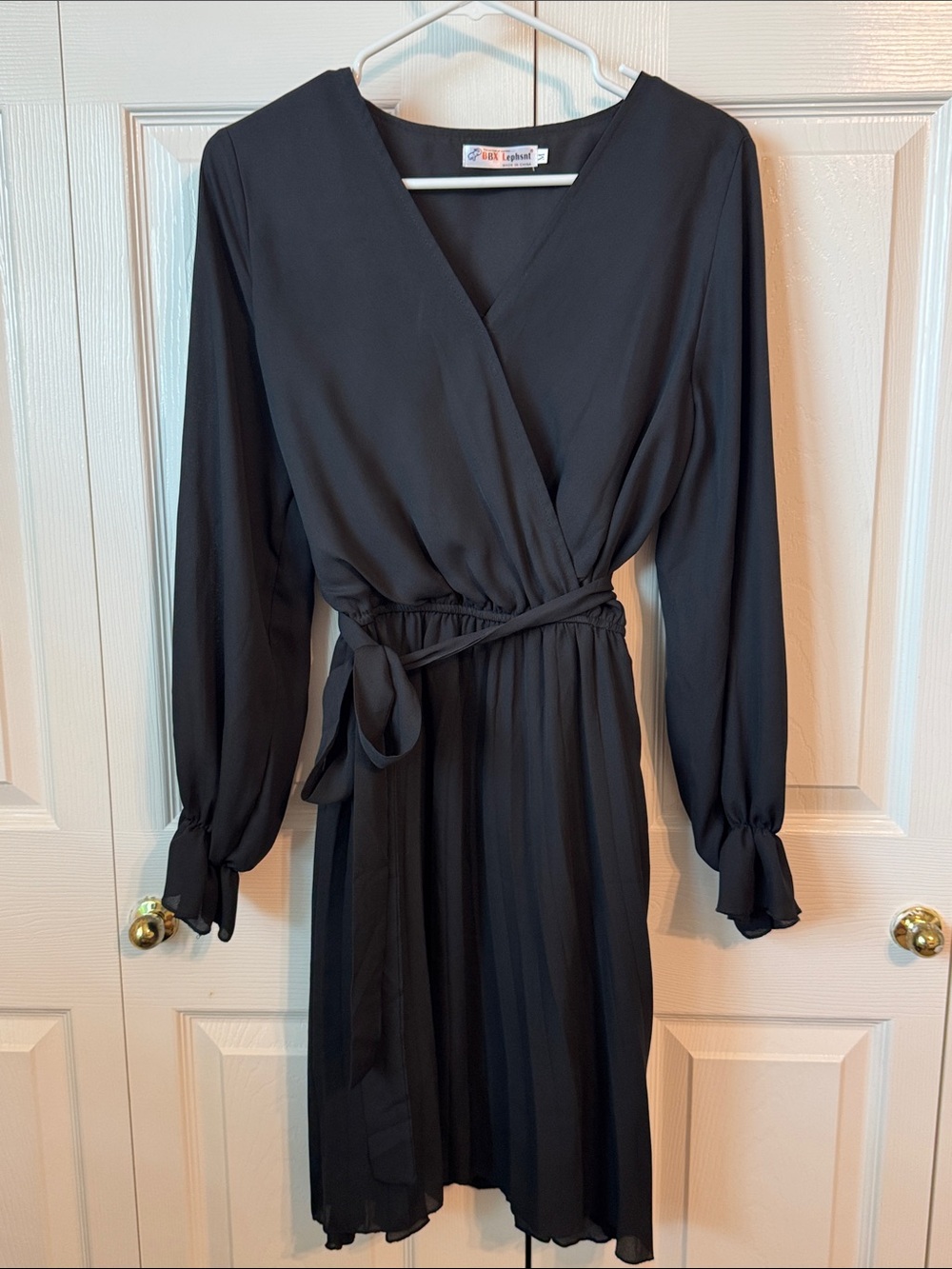 Long Sleeve Black Tie-Waist Wrap Dress